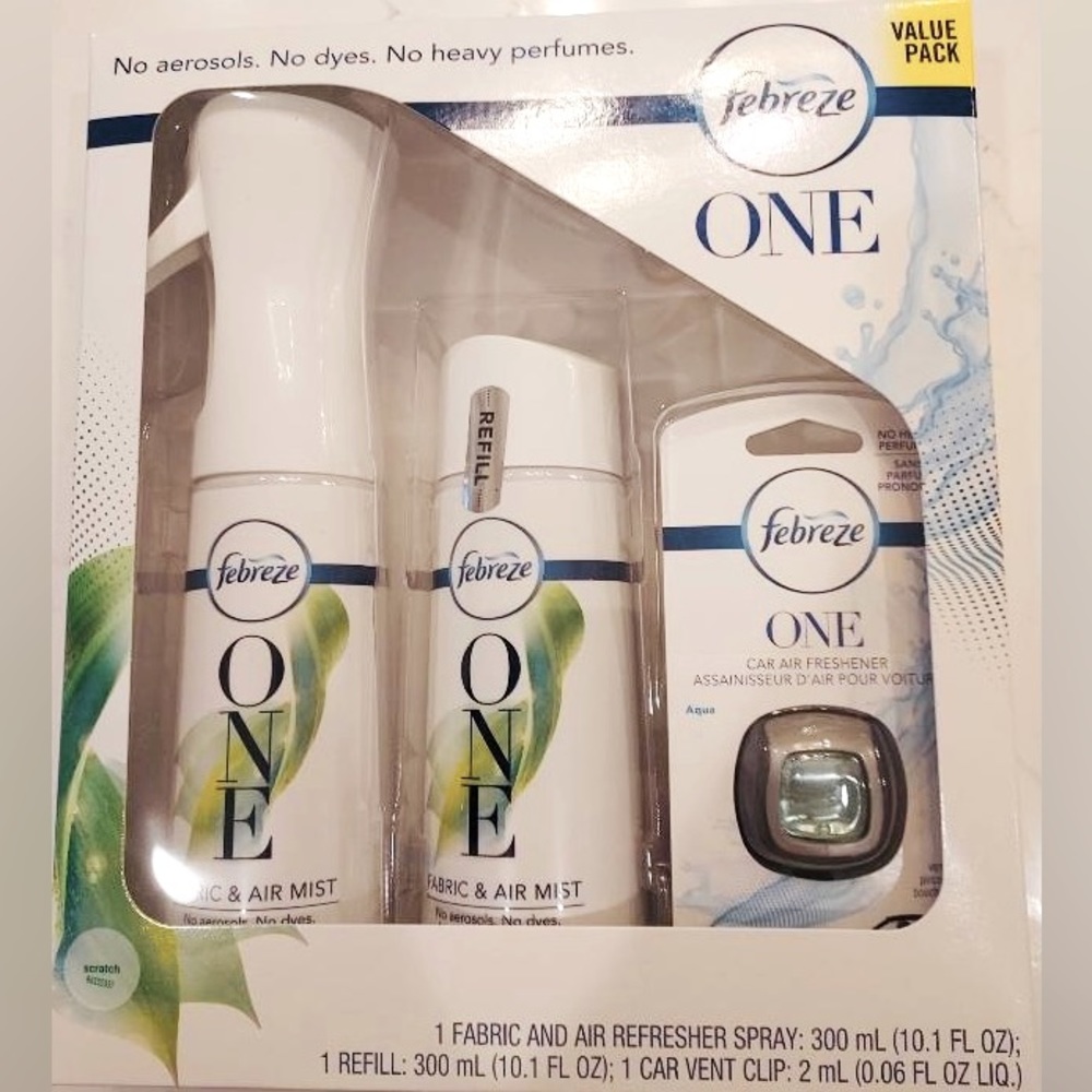 Febreze Value pack Aqua Scent Fabric & Air Spray with Refill and Car Vent NEW